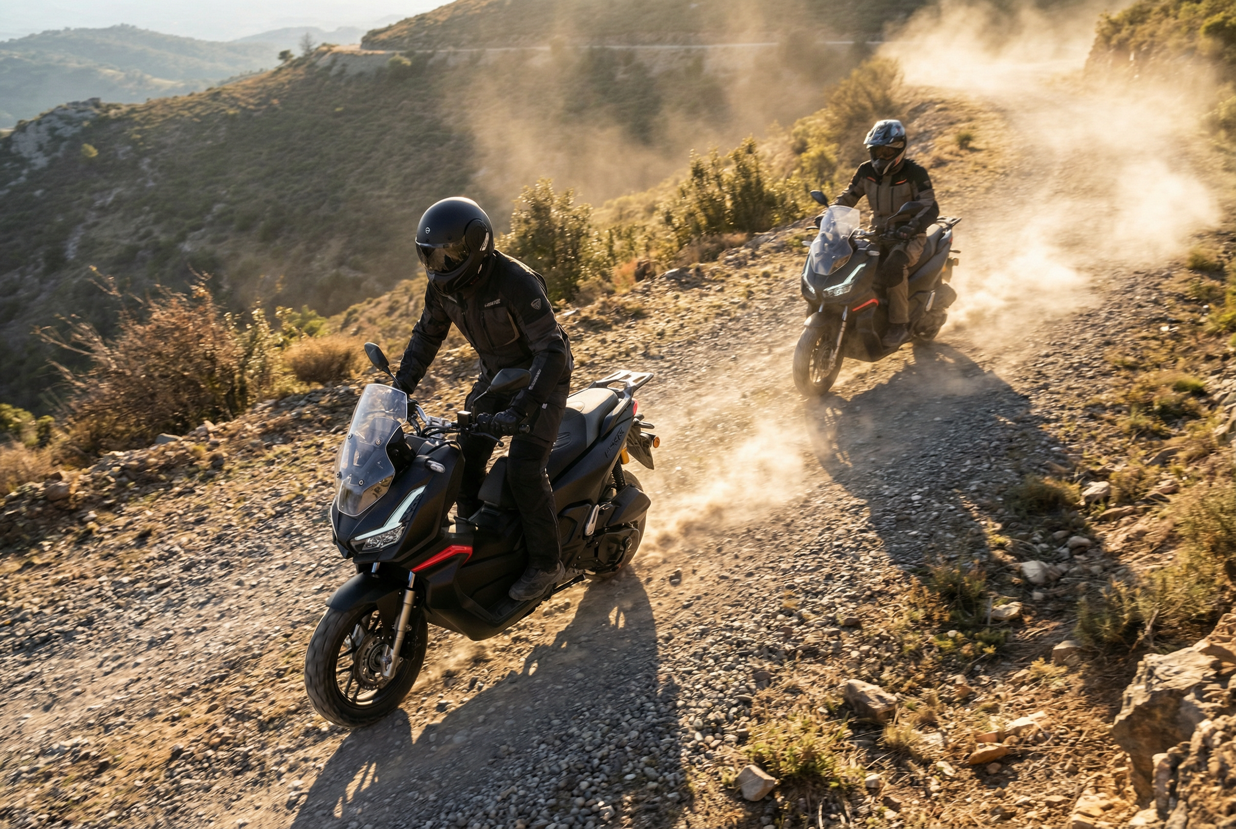 Zwei QS125 ADV Roller auf staubiger Bergstraße bei einer Adventure-Ausfahrt