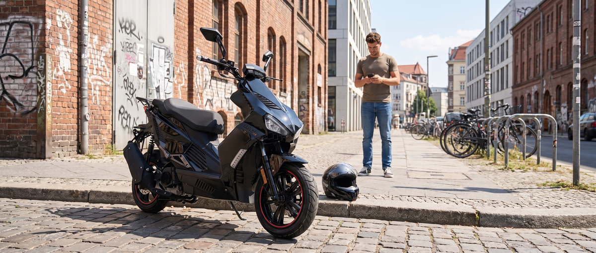 BAD S 50ccm Motorroller in Schwarz am Straßenrand mit Fahrer in urbaner Umgebung
