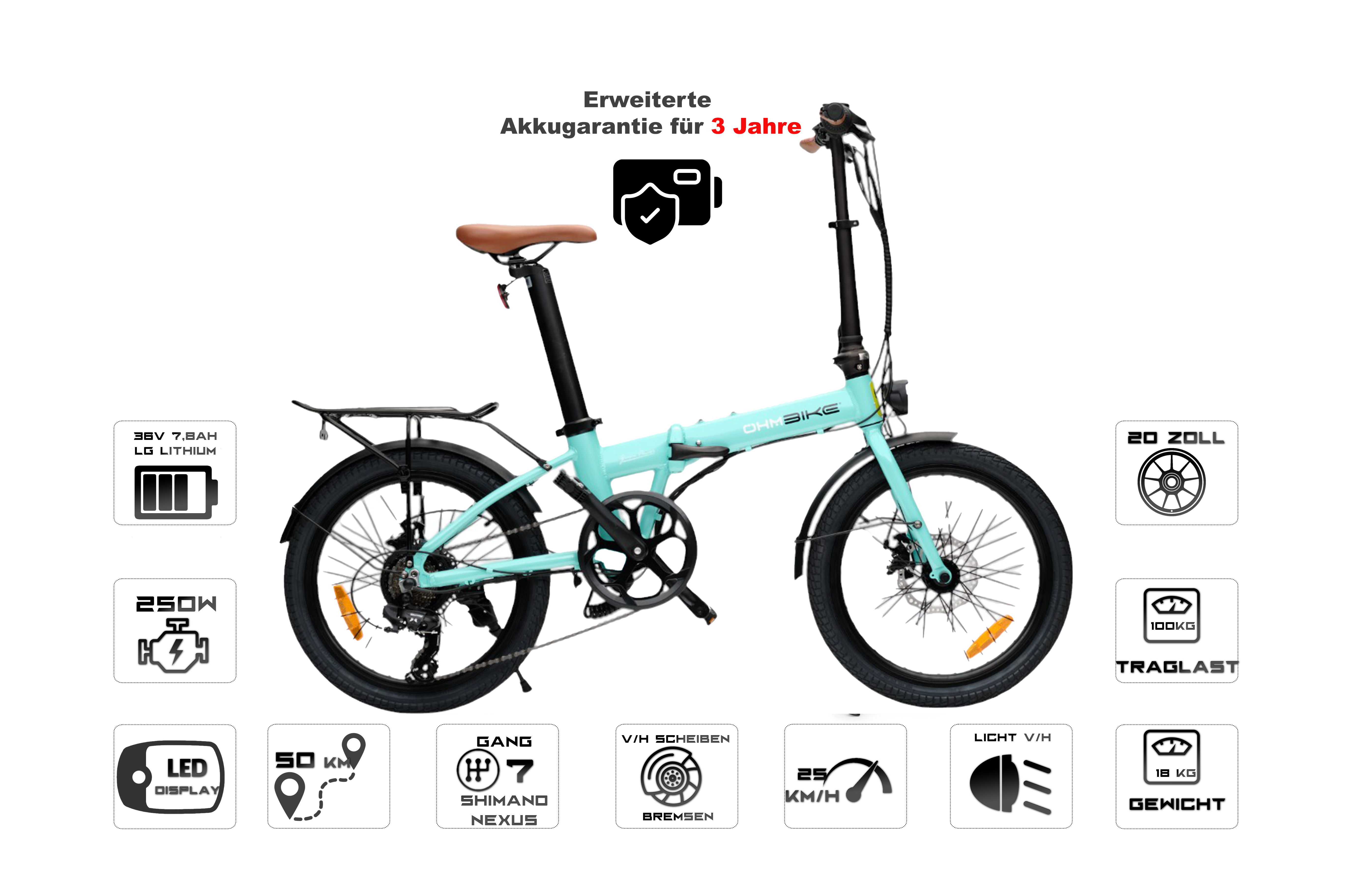 E-Faltbike OhmBike Faltrider 20 Zoll 250W Grün