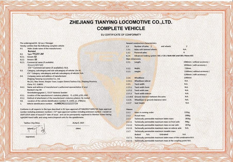 CoC Certificate of Conformity (Betriebserlaubnis)