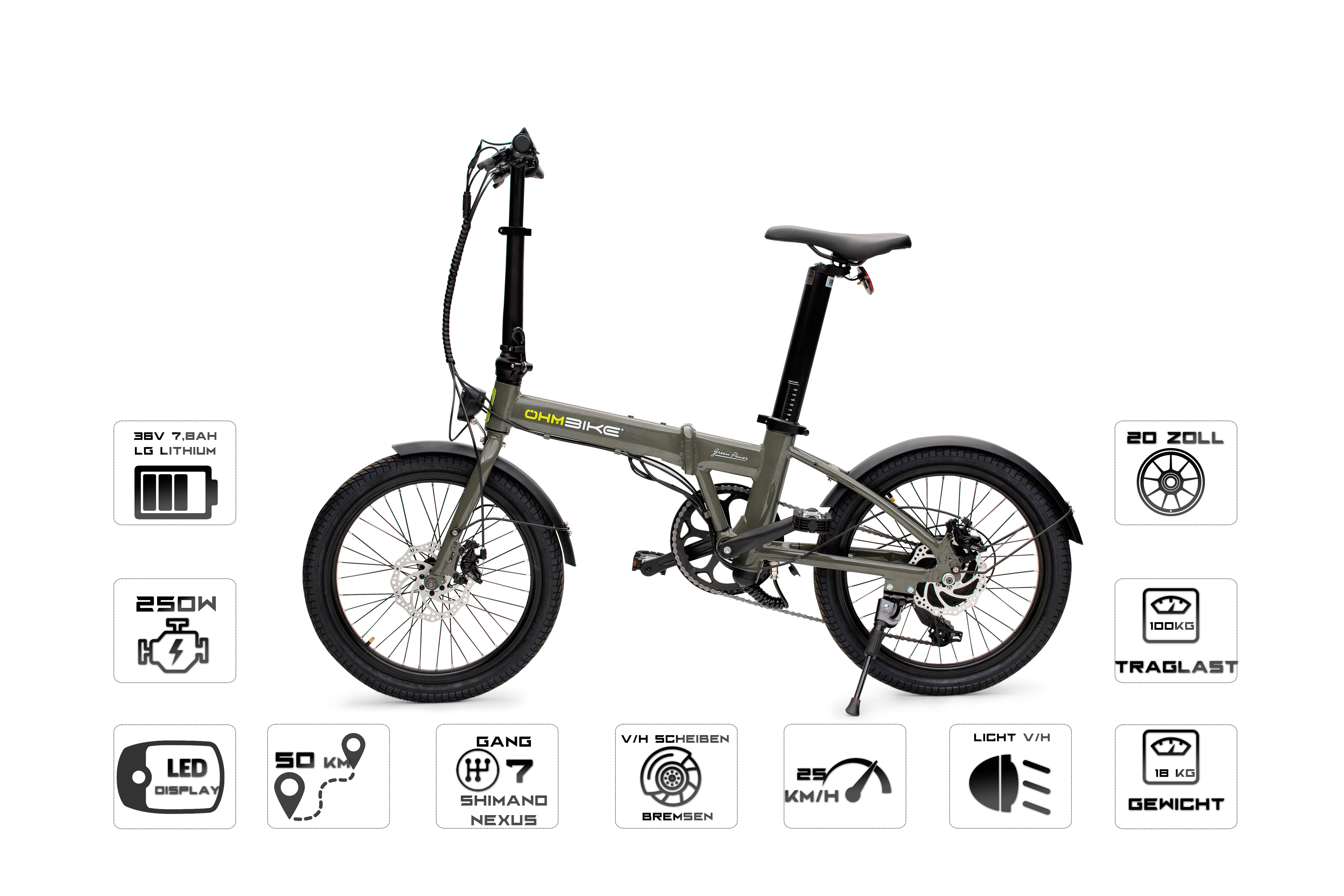 E-Faltbike OhmBike Faltrider 20 Zoll 250W Grün