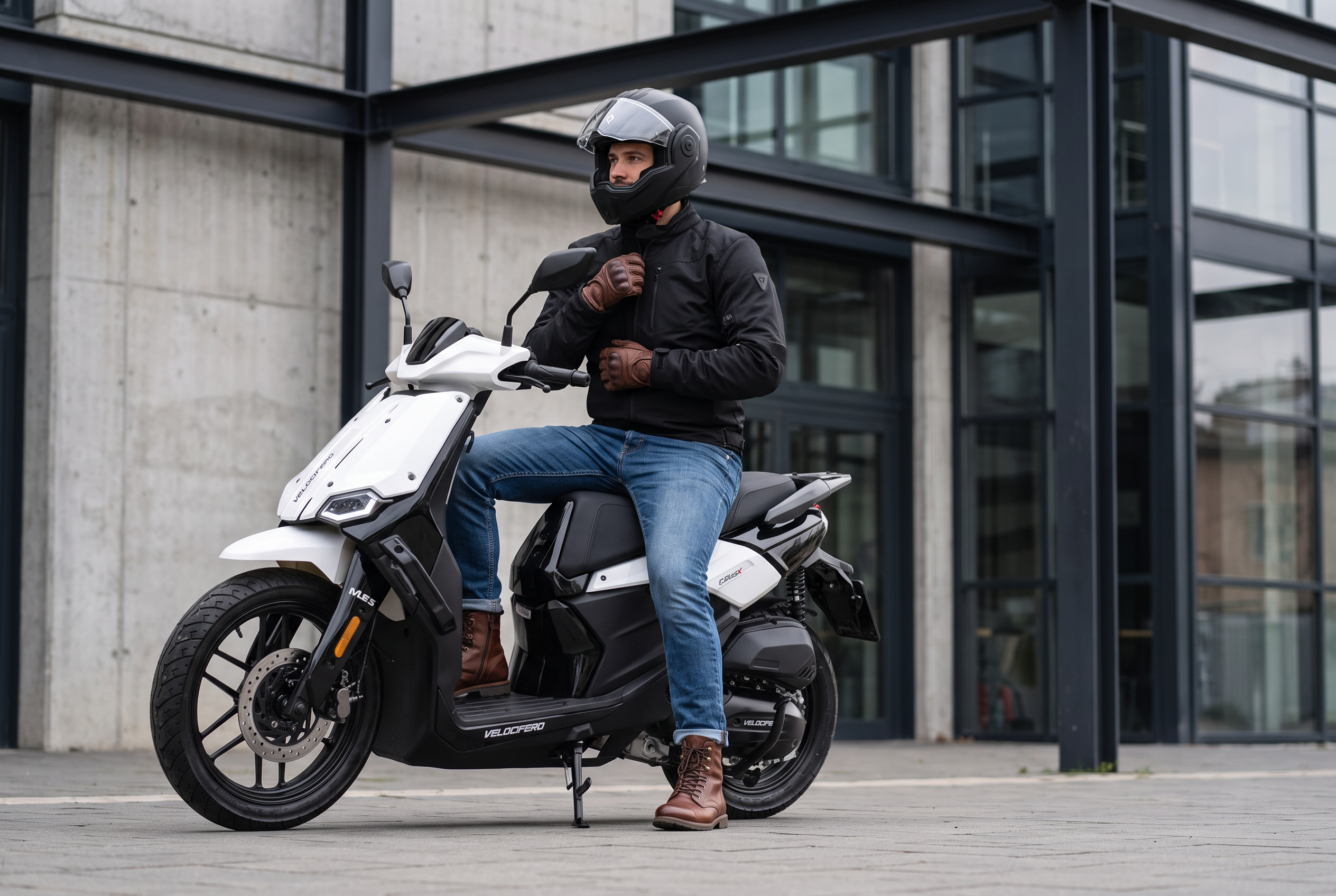 CITY-X 125 ccm Weiß mit Fahrer, Helm und Handschuhen im urbanen Umfeld